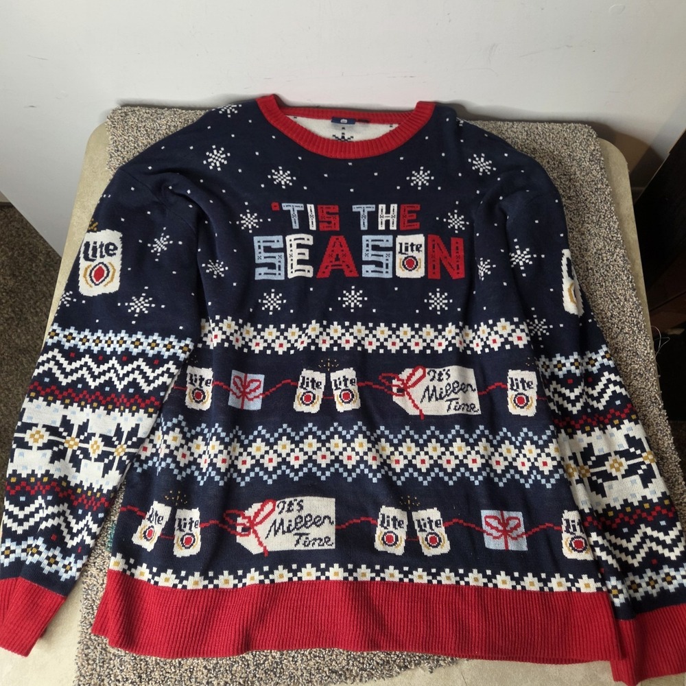 Miller Lite Tis The Season Ugly Christmas Sweater Mens XXXL Navy Blue Fair Isle